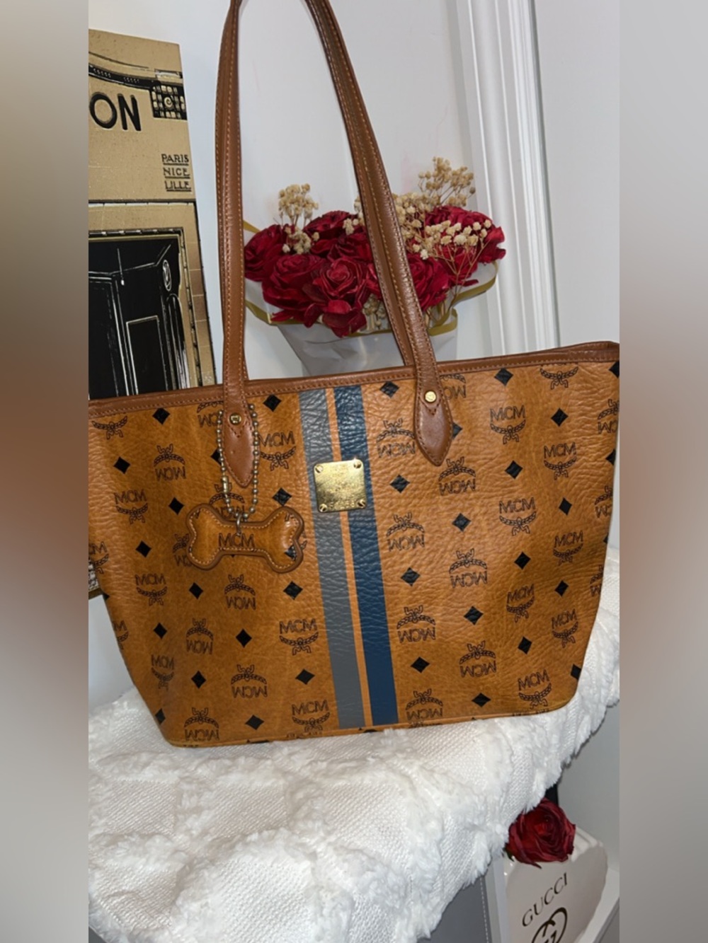 MCM Cognac Logo Coated Canvas Mini Tote with Blue Stripe